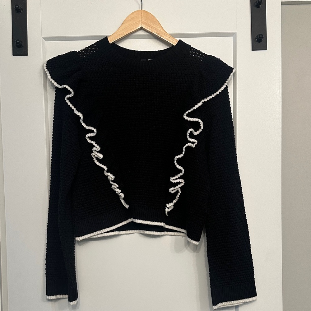 H&M Black Sweater with White Ruffle Trim